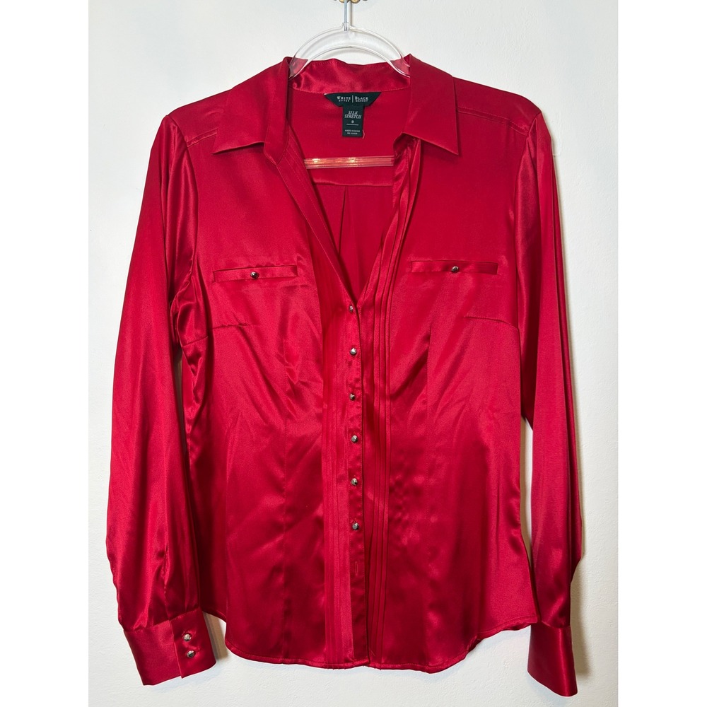 White House Black Market Red Silk Stretch Button Down Blouse Pleated Front Sz 8